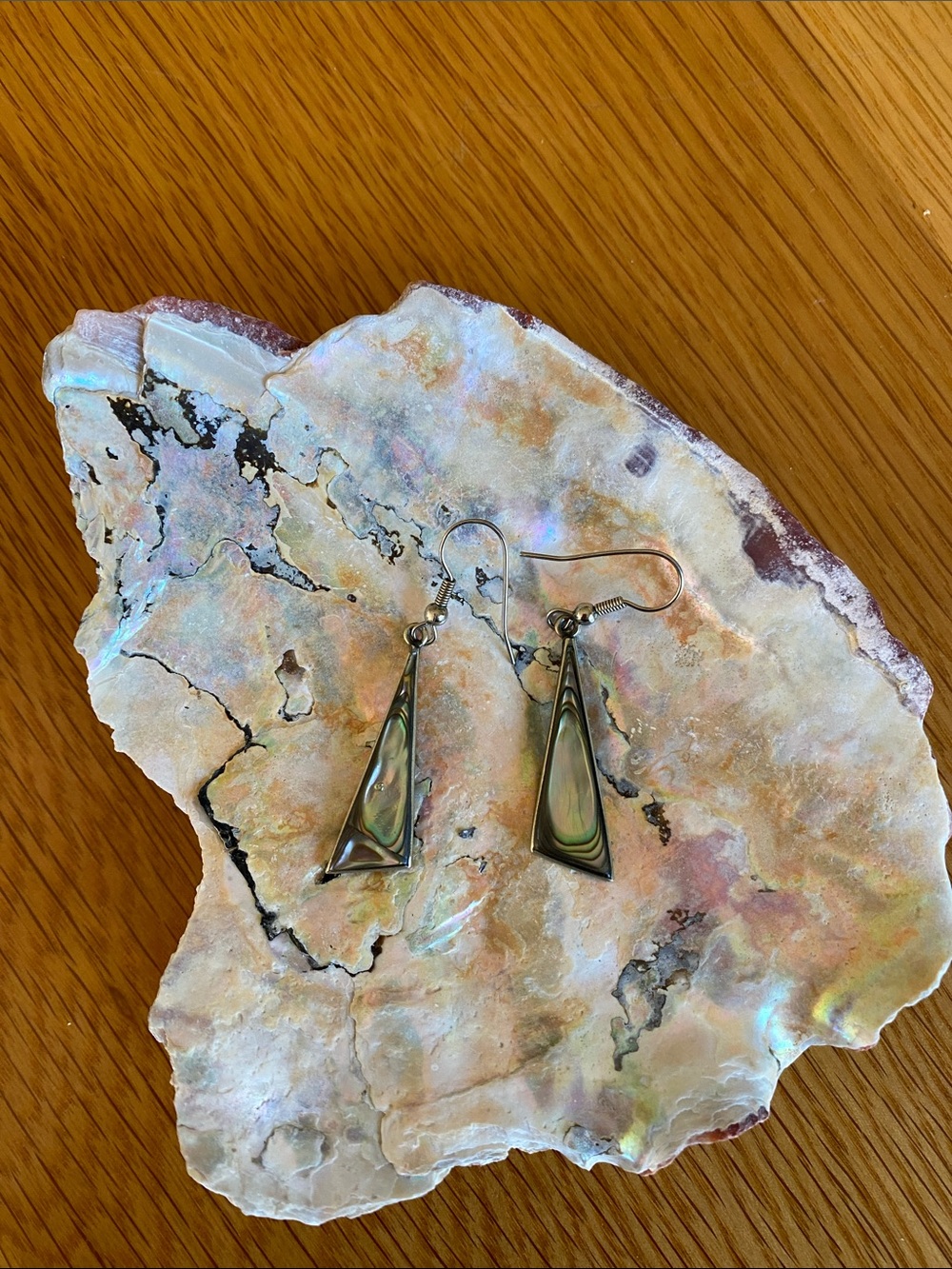 Abalone Inlay Triangle Drop Earrings - Iridescent Green